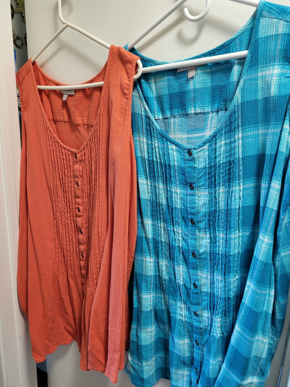 2 Woman Within 3X 30/32W Sleeveless Pintuck Tunic Tank Gauzy Cotton Orange/Turq